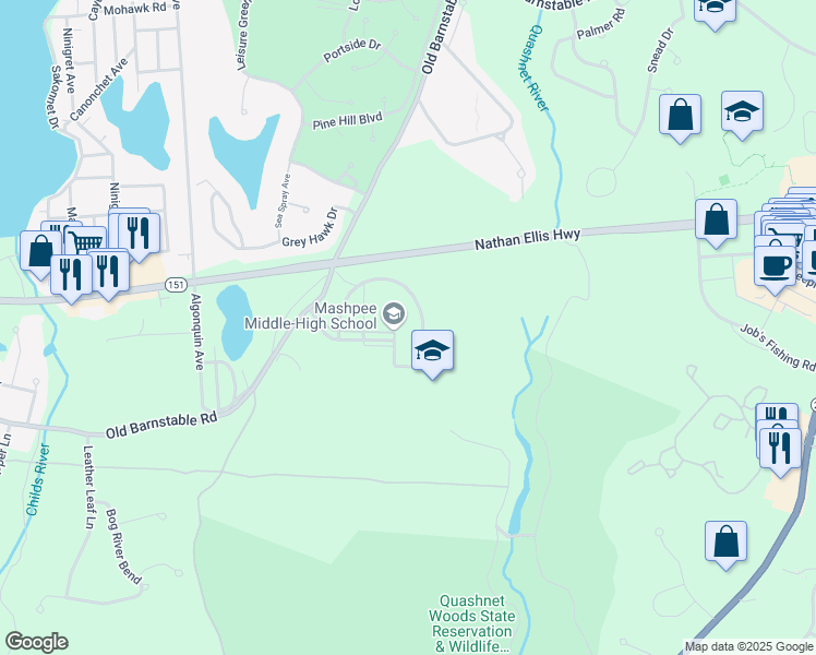 map of restaurants, bars, coffee shops, grocery stores, and more near 500 Old Barnstable Road in Mashpee