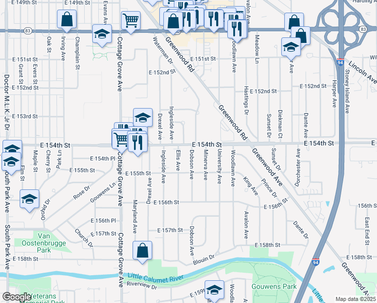 map of restaurants, bars, coffee shops, grocery stores, and more near 15419 Ellis Avenue in Dolton