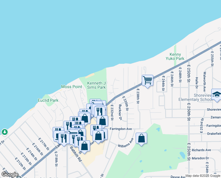 map of restaurants, bars, coffee shops, grocery stores, and more near 140 East 233rd Street in Euclid