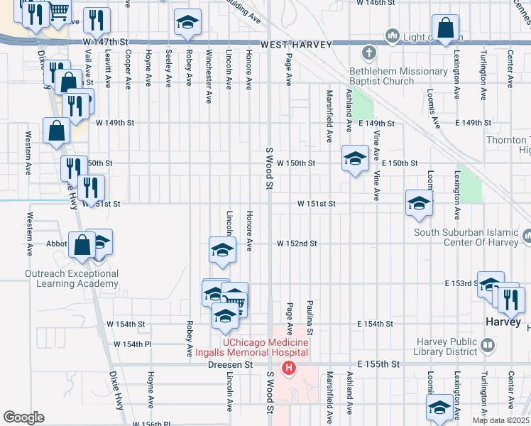 map of restaurants, bars, coffee shops, grocery stores, and more near 15108 South Wood Street in Harvey