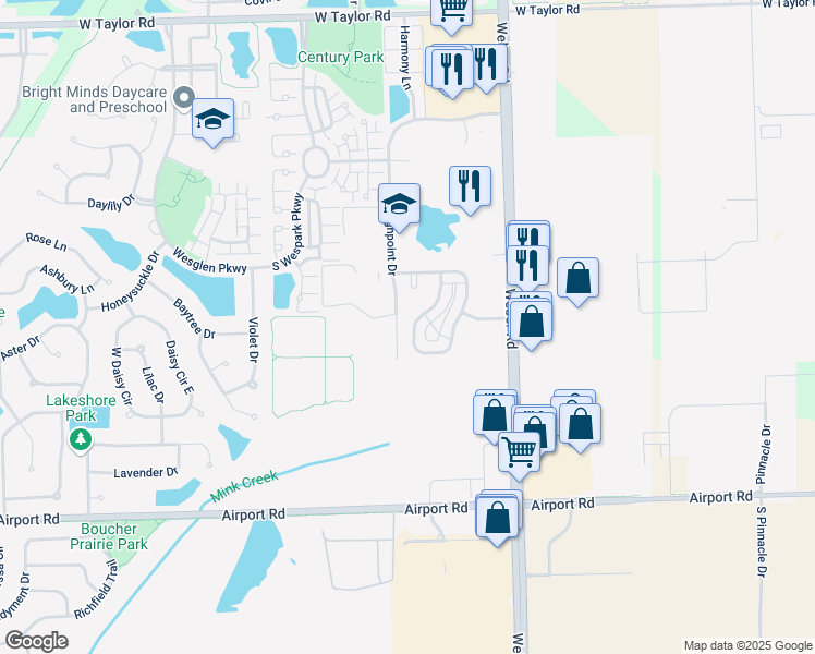 map of restaurants, bars, coffee shops, grocery stores, and more near 242 South Oak Creek Lane in Romeoville