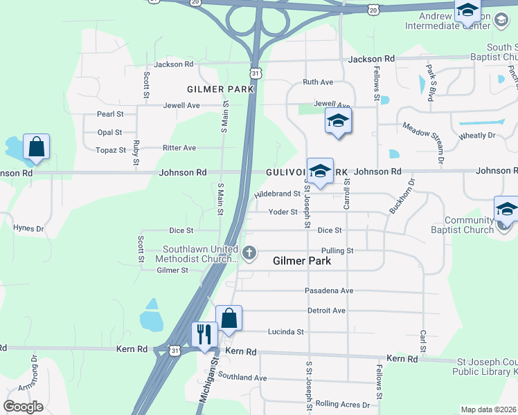 map of restaurants, bars, coffee shops, grocery stores, and more near 19700-19866 Yoder St in South Bend