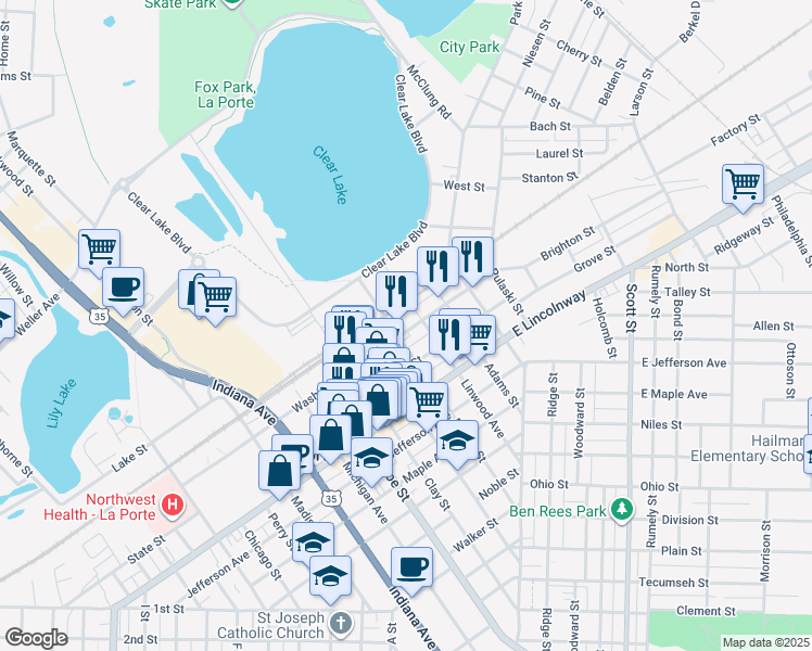 map of restaurants, bars, coffee shops, grocery stores, and more near 307 Washington Street in La Porte