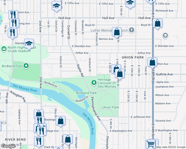 map of restaurants, bars, coffee shops, grocery stores, and more near 616 Guthrie Avenue in Des Moines