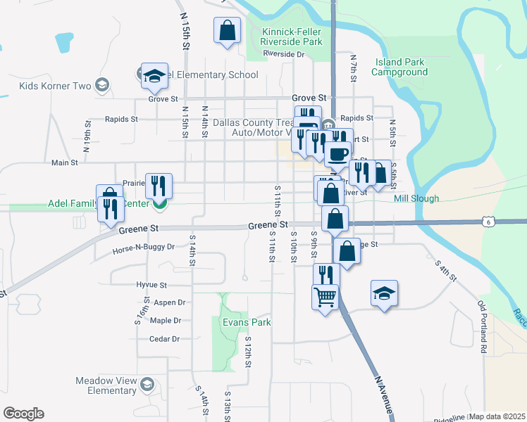 map of restaurants, bars, coffee shops, grocery stores, and more near 310 South 11th Street in Adel
