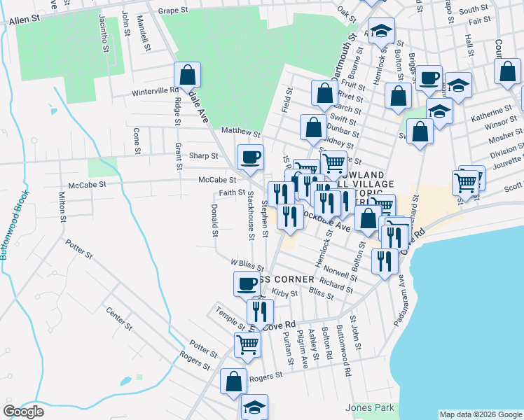 map of restaurants, bars, coffee shops, grocery stores, and more near 107 Stephen Street in Dartmouth