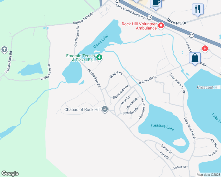 map of restaurants, bars, coffee shops, grocery stores, and more near 6 Cardiff Lane in Rock Hill