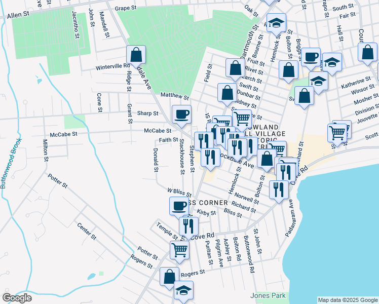 map of restaurants, bars, coffee shops, grocery stores, and more near 107 Stephen Street in Dartmouth