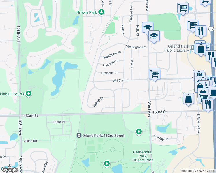 map of restaurants, bars, coffee shops, grocery stores, and more near 15140 Huntington Court in Orland Park