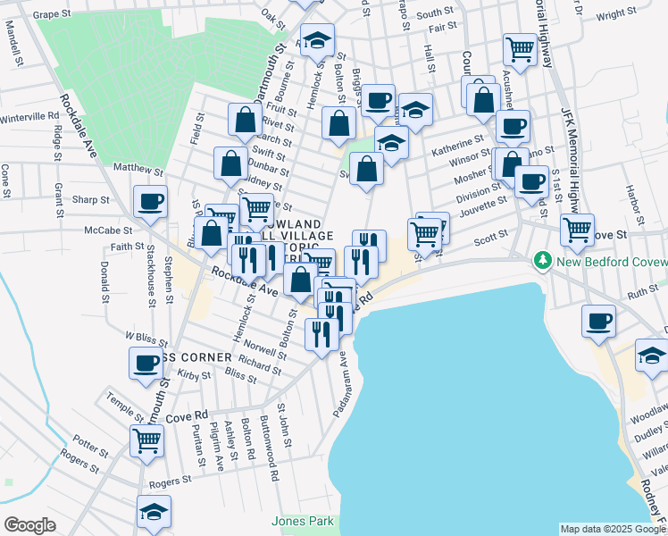 map of restaurants, bars, coffee shops, grocery stores, and more near 41 Rockdale Avenue in New Bedford