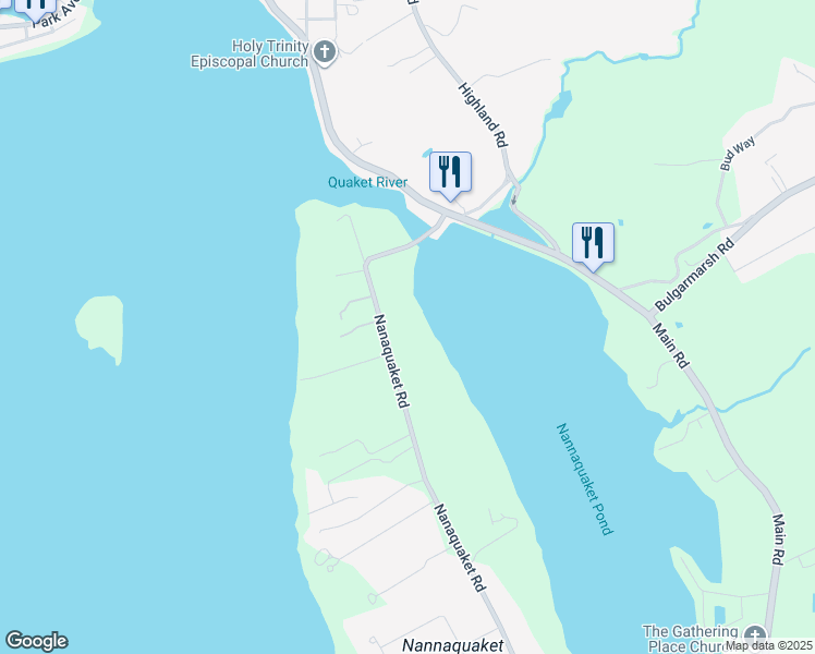 map of restaurants, bars, coffee shops, grocery stores, and more near 148 Nanaquaket Road in Tiverton