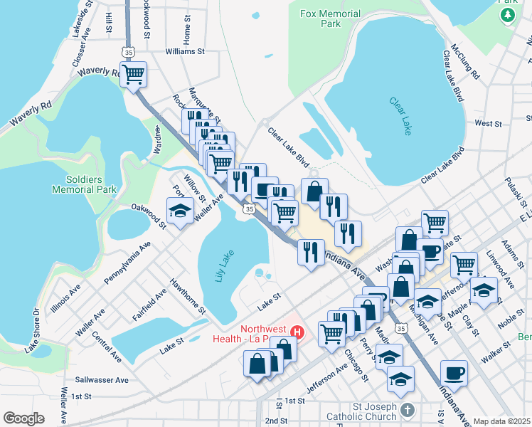map of restaurants, bars, coffee shops, grocery stores, and more near 105 Pine Lake Avenue in La Porte