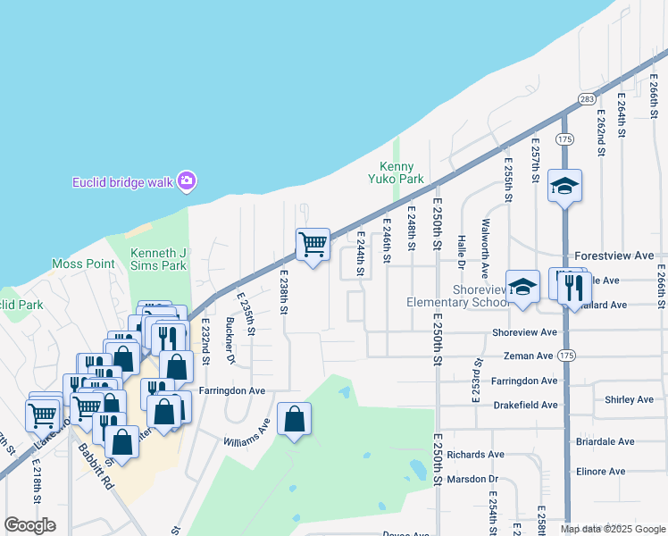 map of restaurants, bars, coffee shops, grocery stores, and more near 244 East 242nd Street in Euclid