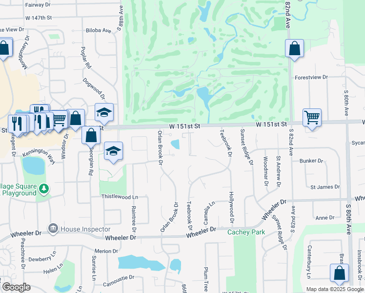 map of restaurants, bars, coffee shops, grocery stores, and more near 15141 Quail Hollow Drive in Orland Park