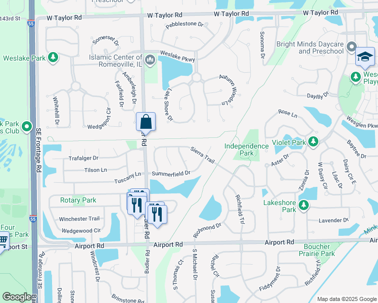 map of restaurants, bars, coffee shops, grocery stores, and more near 225 Stamford Lane in Romeoville