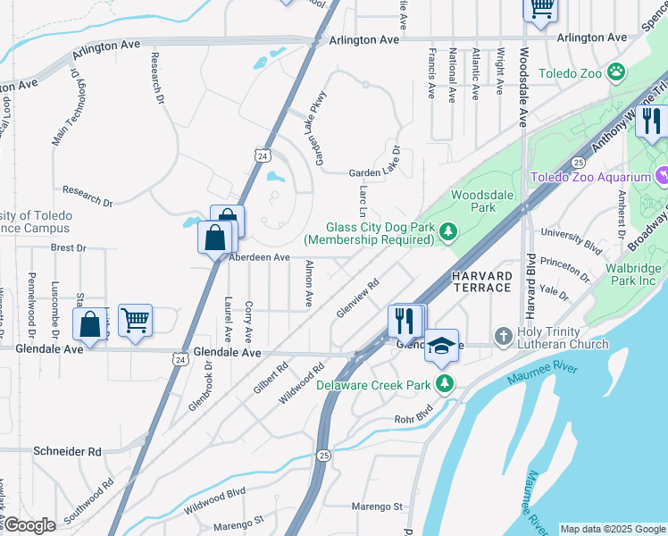 map of restaurants, bars, coffee shops, grocery stores, and more near 1312 Zale Place in Toledo
