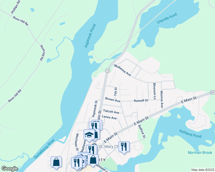map of restaurants, bars, coffee shops, grocery stores, and more near 63 Tift Street in Griswold