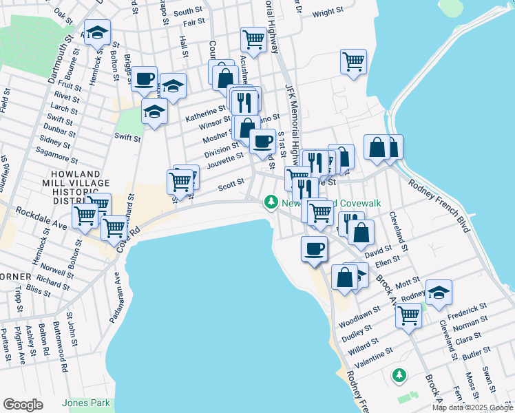 map of restaurants, bars, coffee shops, grocery stores, and more near 1095 Cove Road in New Bedford