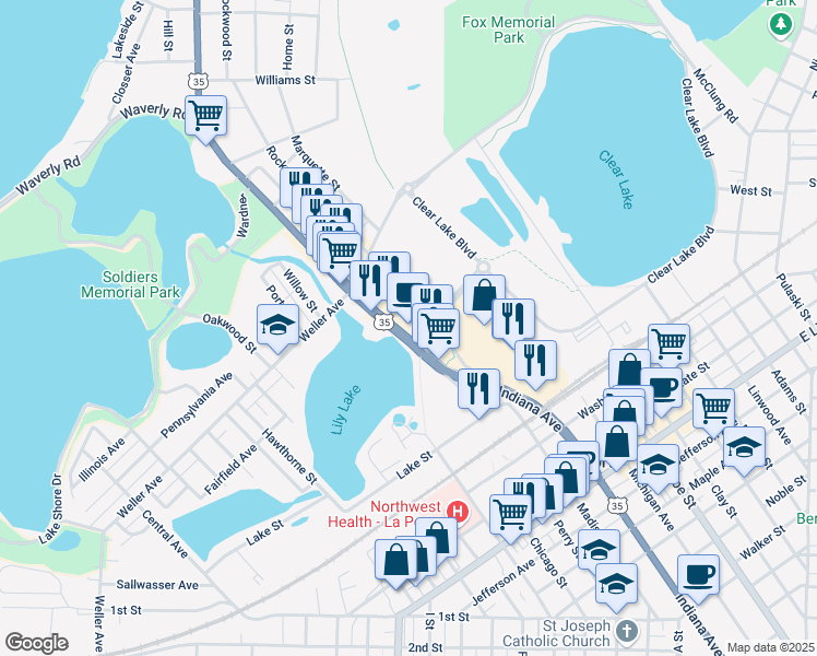 map of restaurants, bars, coffee shops, grocery stores, and more near 105 Pine Lake Avenue in La Porte