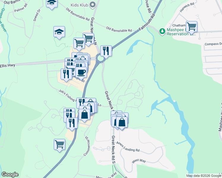 map of restaurants, bars, coffee shops, grocery stores, and more near 64 Great Neck Road South in Mashpee
