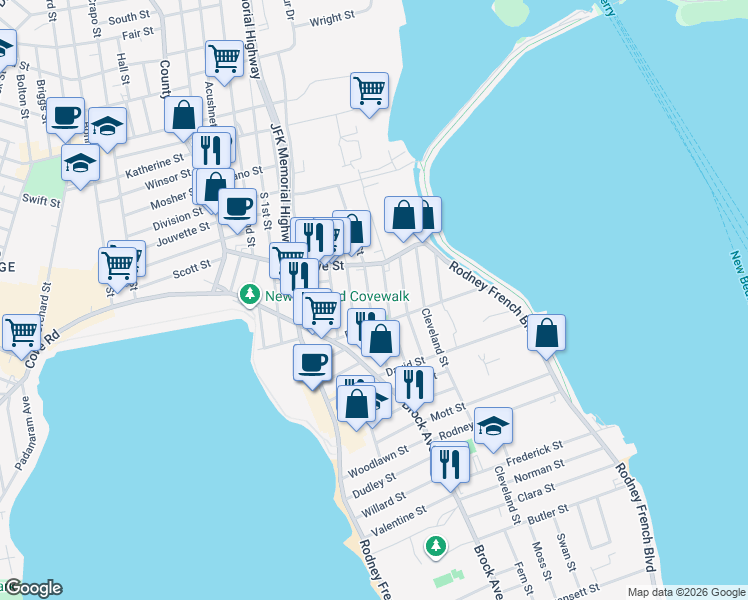 map of restaurants, bars, coffee shops, grocery stores, and more near 85-89 Ruth Street in New Bedford