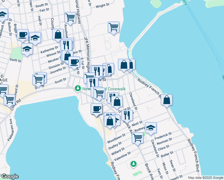 map of restaurants, bars, coffee shops, grocery stores, and more near 29 Viall Street in New Bedford