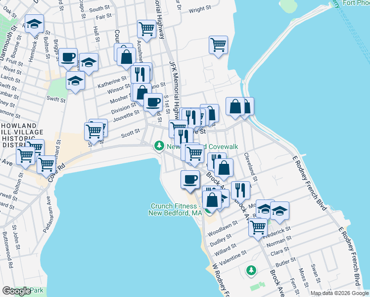 map of restaurants, bars, coffee shops, grocery stores, and more near 9 Harmony Street in New Bedford