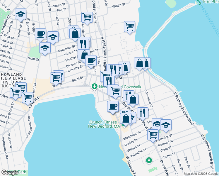 map of restaurants, bars, coffee shops, grocery stores, and more near 9 Harmony Street in New Bedford