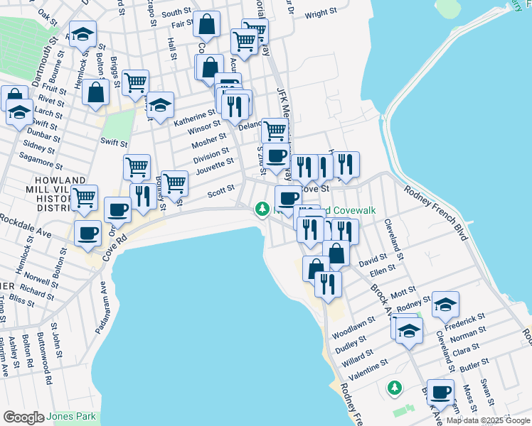 map of restaurants, bars, coffee shops, grocery stores, and more near 1095 Cove Road in New Bedford