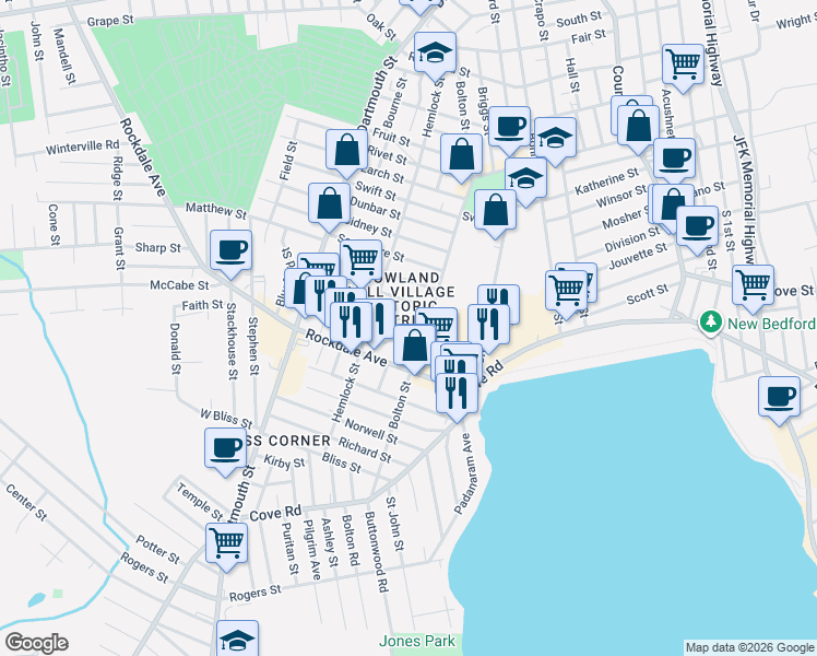 map of restaurants, bars, coffee shops, grocery stores, and more near 14 Circuit Street in New Bedford