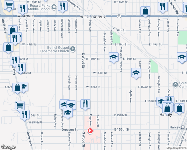 map of restaurants, bars, coffee shops, grocery stores, and more near 15122 Paulina Street in Harvey