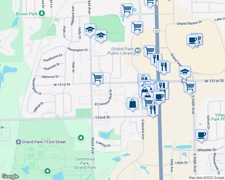 map of restaurants, bars, coffee shops, grocery stores, and more near 9855 El Cameno Lane in Orland Park