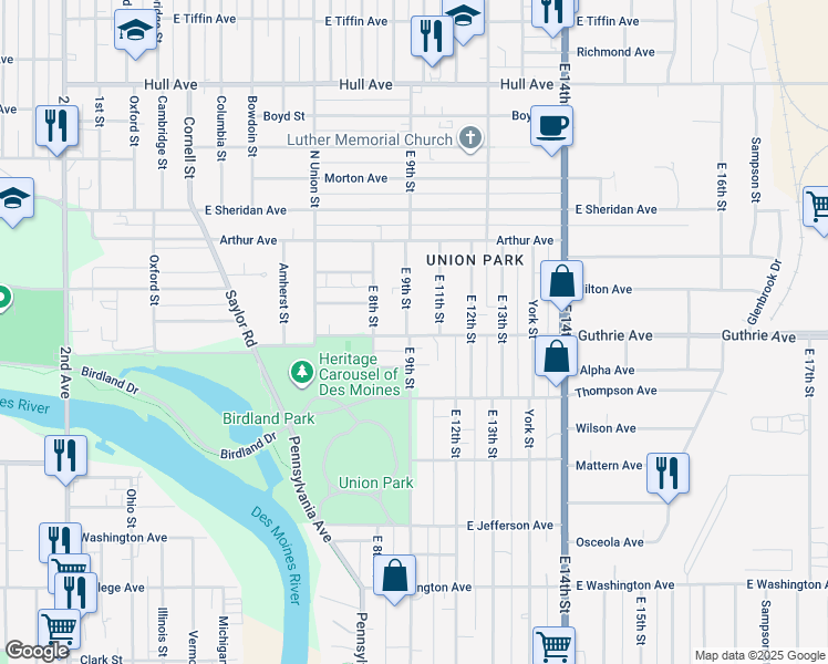 map of restaurants, bars, coffee shops, grocery stores, and more near 2209 East 9th Street in Des Moines