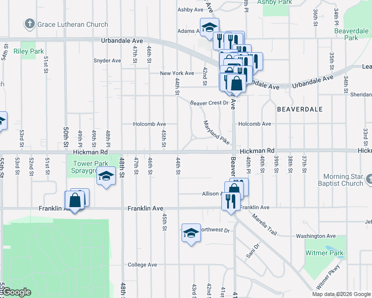 map of restaurants, bars, coffee shops, grocery stores, and more near 4302 Hickman Road in Des Moines