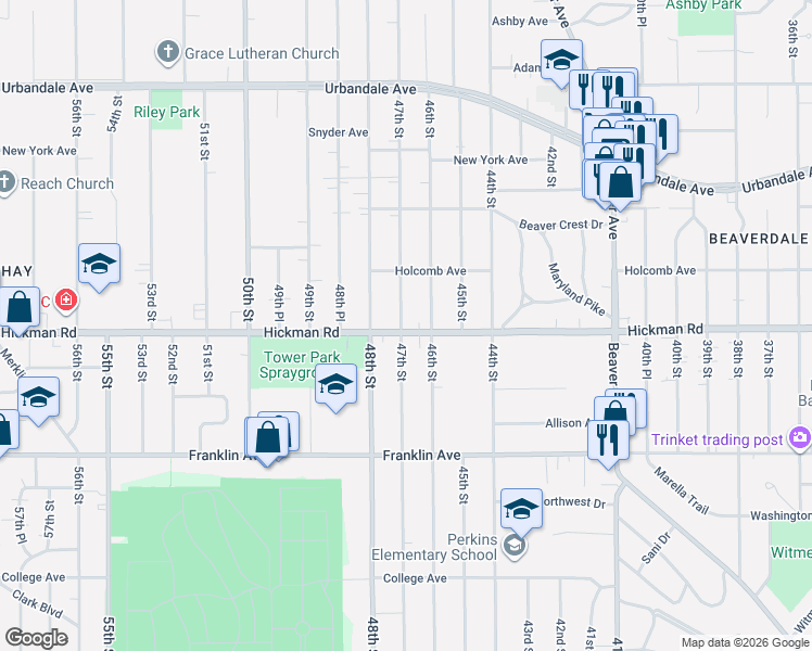 map of restaurants, bars, coffee shops, grocery stores, and more near 4610 Hickman Road in Des Moines
