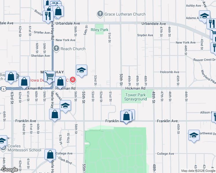 map of restaurants, bars, coffee shops, grocery stores, and more near 5114 Hickman Road in Des Moines