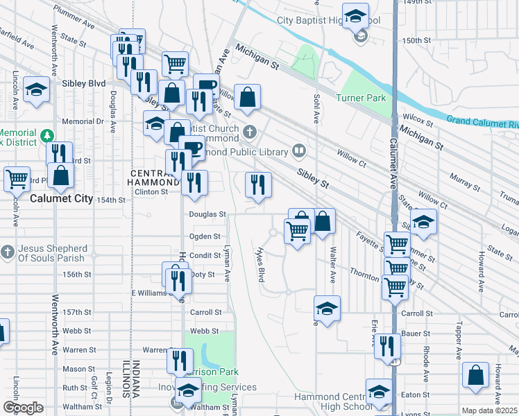 map of restaurants, bars, coffee shops, grocery stores, and more near A-2 Douglas Street in Hammond
