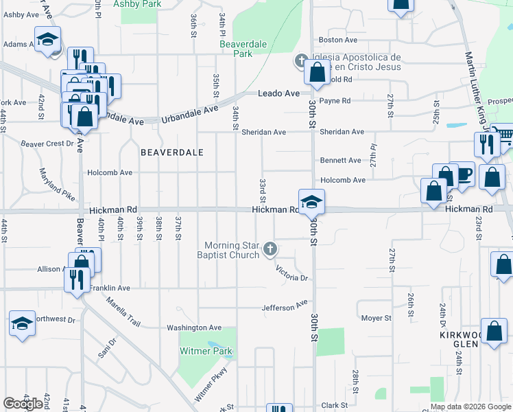 map of restaurants, bars, coffee shops, grocery stores, and more near 2212 32nd Street in Des Moines
