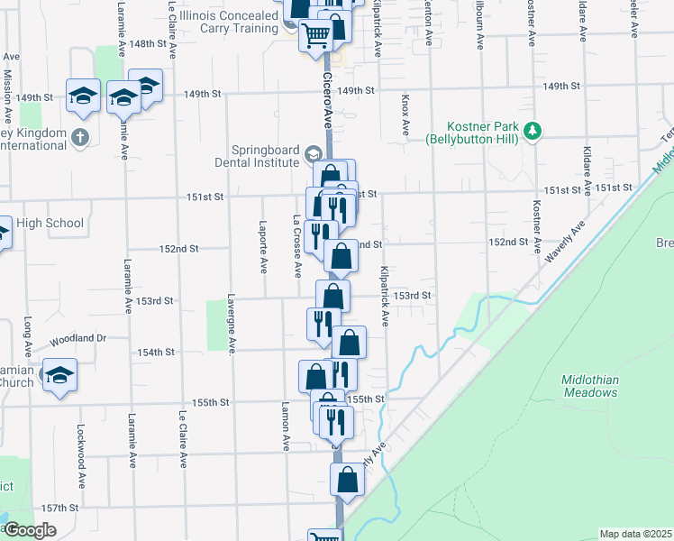 map of restaurants, bars, coffee shops, grocery stores, and more near 15229 South Cicero Avenue in Oak Forest