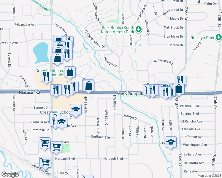 map of restaurants, bars, coffee shops, grocery stores, and more near 8011 Garrison Road in Clive