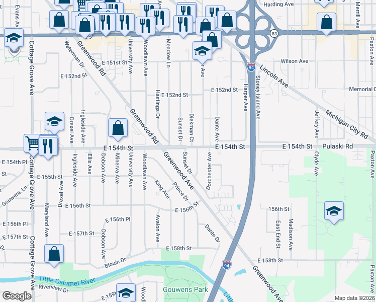 map of restaurants, bars, coffee shops, grocery stores, and more near 15407 Sunset Drive in Dolton