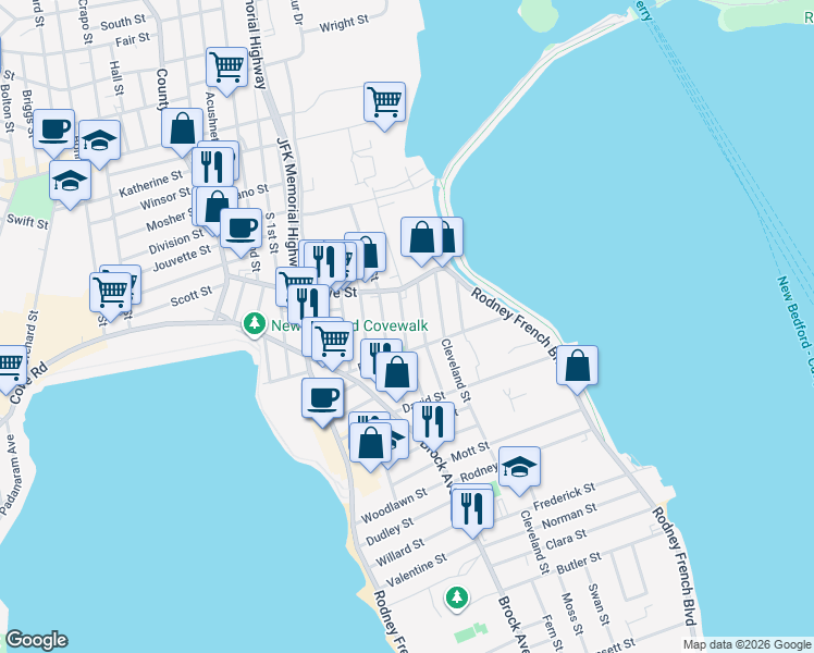 map of restaurants, bars, coffee shops, grocery stores, and more near 85-89 Ruth Street in New Bedford