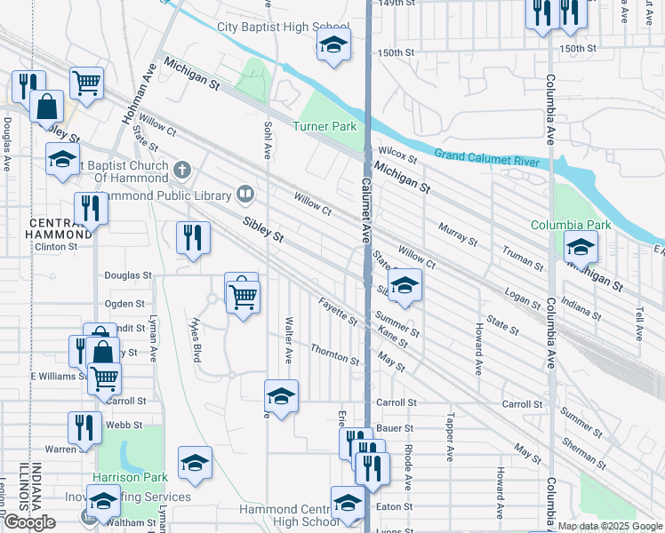 map of restaurants, bars, coffee shops, grocery stores, and more near 5415 Wood Avenue in Hammond