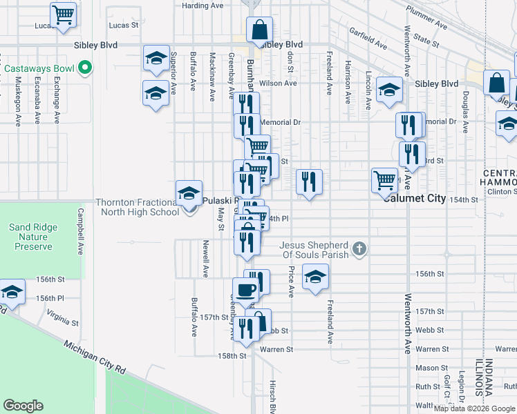 map of restaurants, bars, coffee shops, grocery stores, and more near 525 154th Place in Calumet City