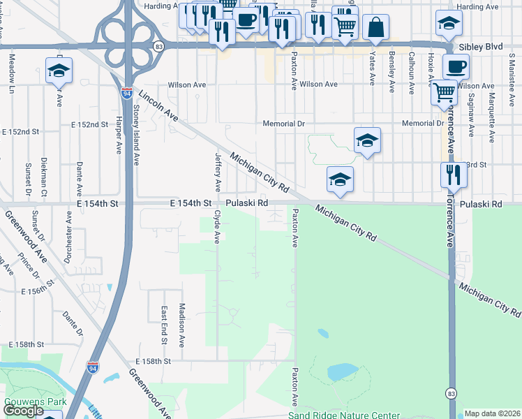 map of restaurants, bars, coffee shops, grocery stores, and more near 15434 Merrill Avenue in South Holland