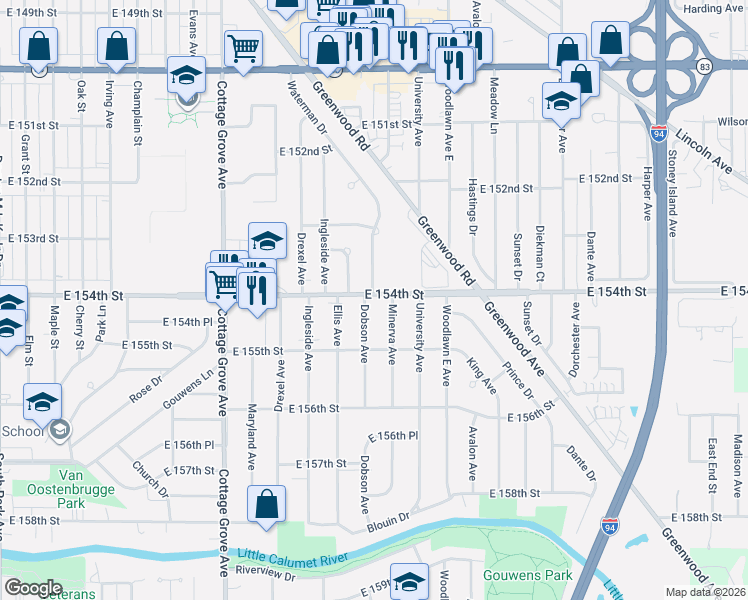 map of restaurants, bars, coffee shops, grocery stores, and more near 15422 Minerva Avenue in Dolton