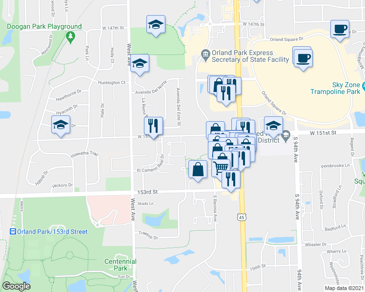 map of restaurants, bars, coffee shops, grocery stores, and more near 15210 El Cameno Terrace in Orland Park