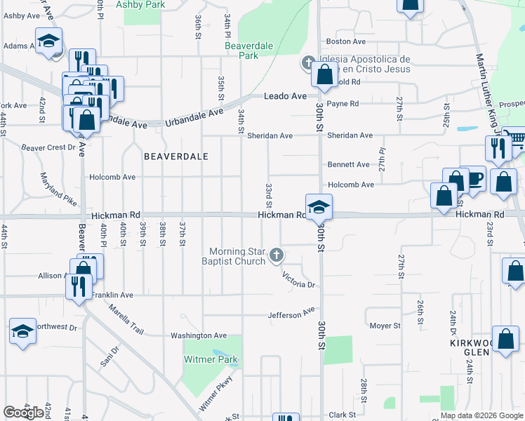 map of restaurants, bars, coffee shops, grocery stores, and more near 2212 32nd Street in Des Moines