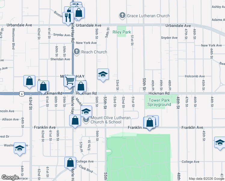 map of restaurants, bars, coffee shops, grocery stores, and more near 2217 53rd Street in Des Moines