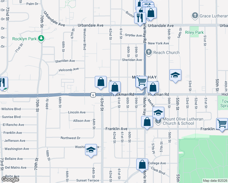 map of restaurants, bars, coffee shops, grocery stores, and more near 6100 Hickman Road in Des Moines